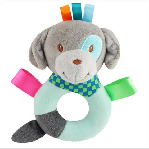 Latest custom colourful bedtime sensory cute dog shape crib baby small shaker toy rattle plush
